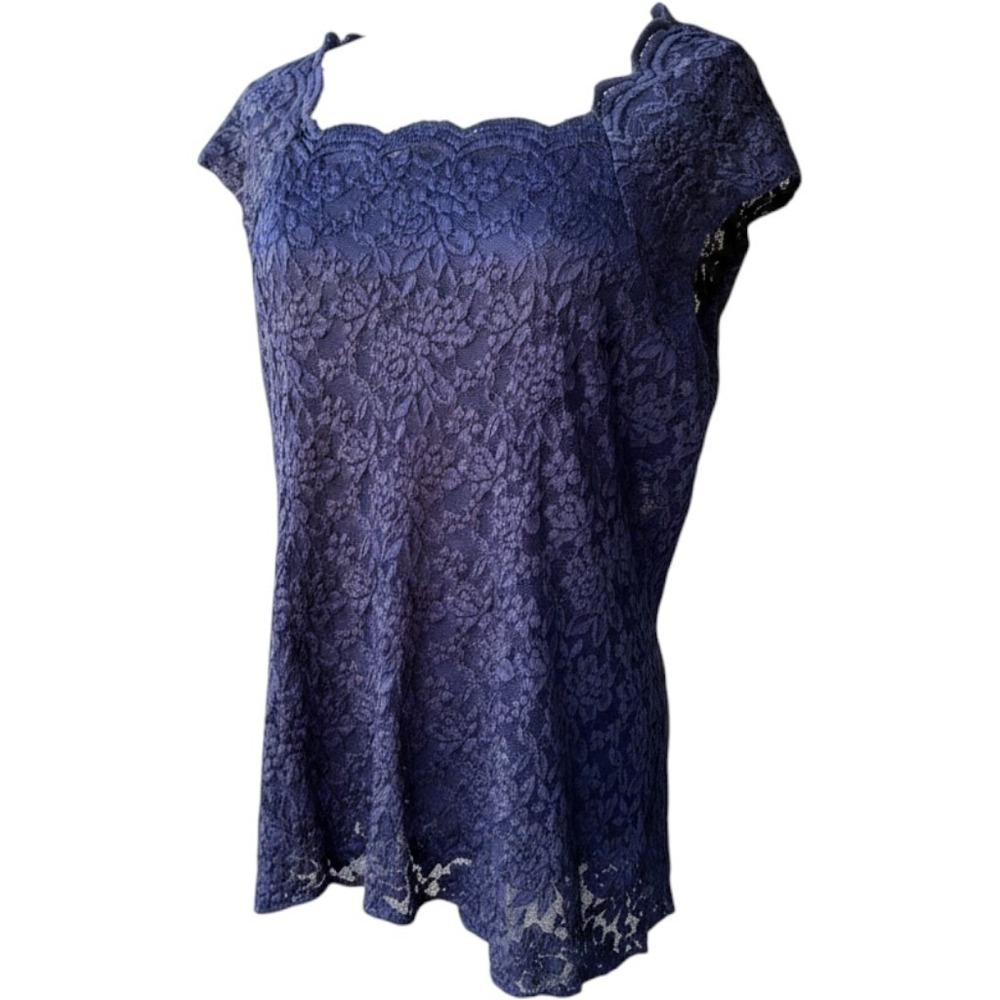 Jennie & Marlis Lace Blouse XL Navy Blue Square Neck Cap Sleeve Floral Workwear
